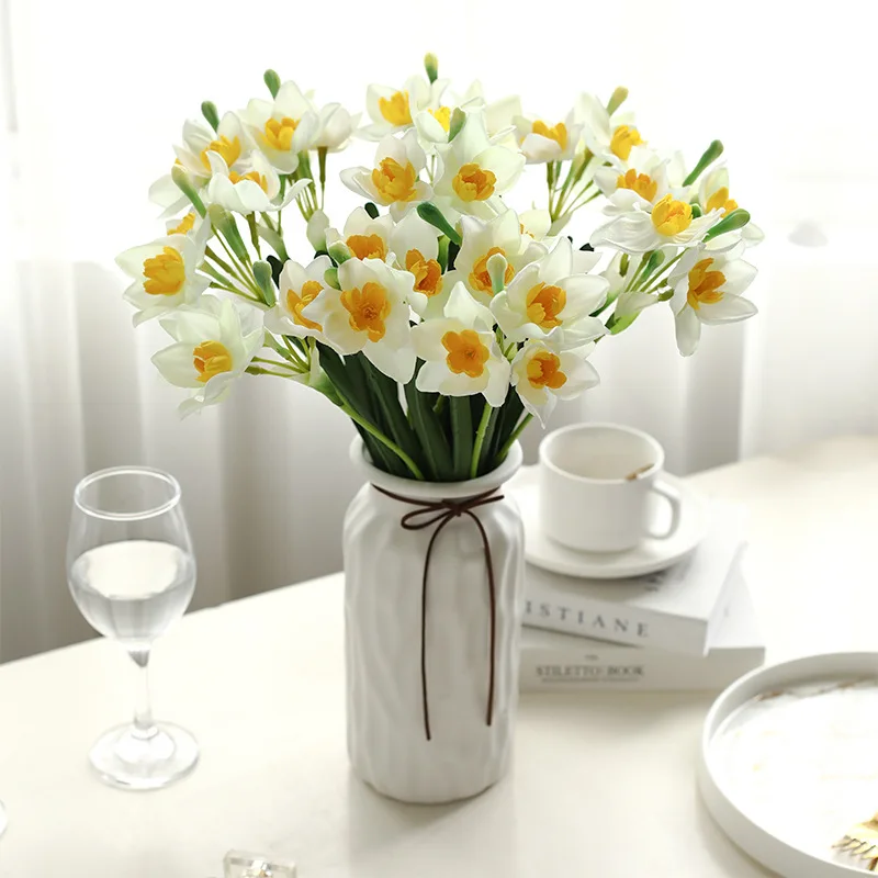 15Pc Nordic Decor White Artificial Flowers Daffodils Home Indoor Table Decoration Wedding Bouquet Fake Flower Pastoral Daffodils