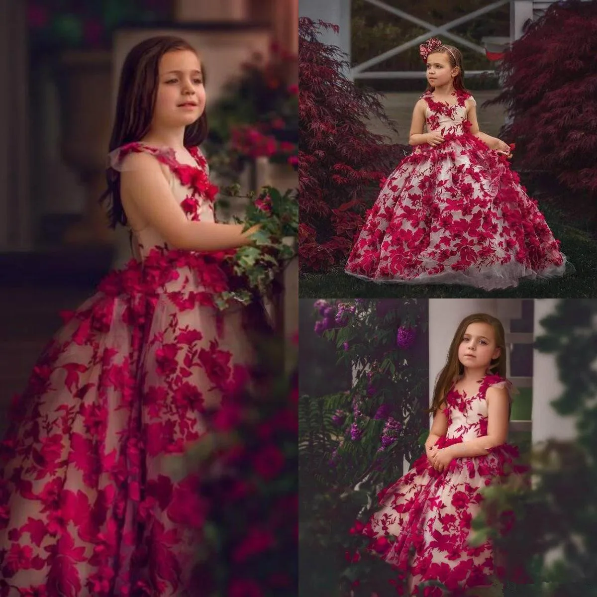 Robe à fleurs rouge pour mariage, robe de concours pour les filles, en Tulle, col V, avec Appliques à fleurs 3D, tenue d'anniversaire, première Communion