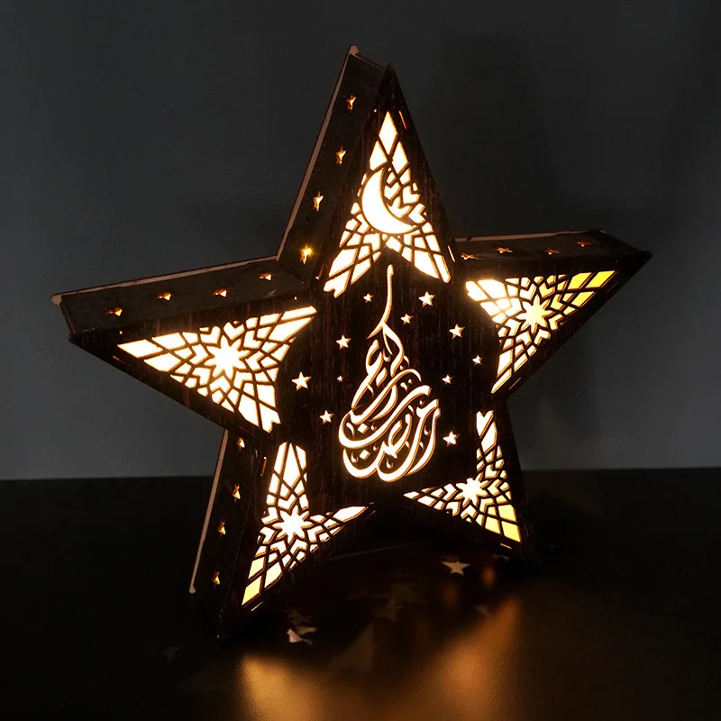 3 Size New Eid Mubarak Wooden Ramadan Gulbang Pentagram  LED Lamp Decoration Crafts Muslim Party Festival Lights Ornaments