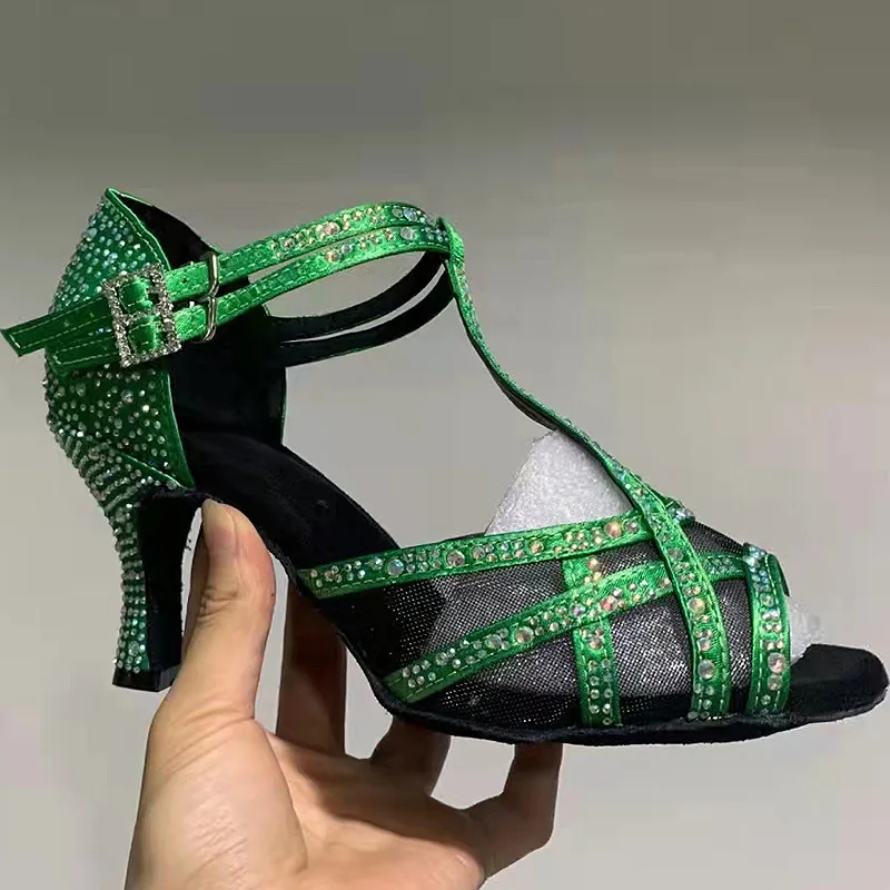 Dance Shoes Women Shoes Green Sandles Ladies Rhinestone  Low Heel Latin Shoes Square Dancing Shoes  JuseDanc