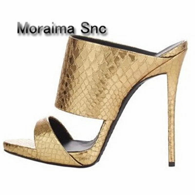 

Moraima Snc Brand Serpentine Pattern Rome Slides Solid Slip Gold Sliver High Heel Slippers for woman summer stiletto h flip flop