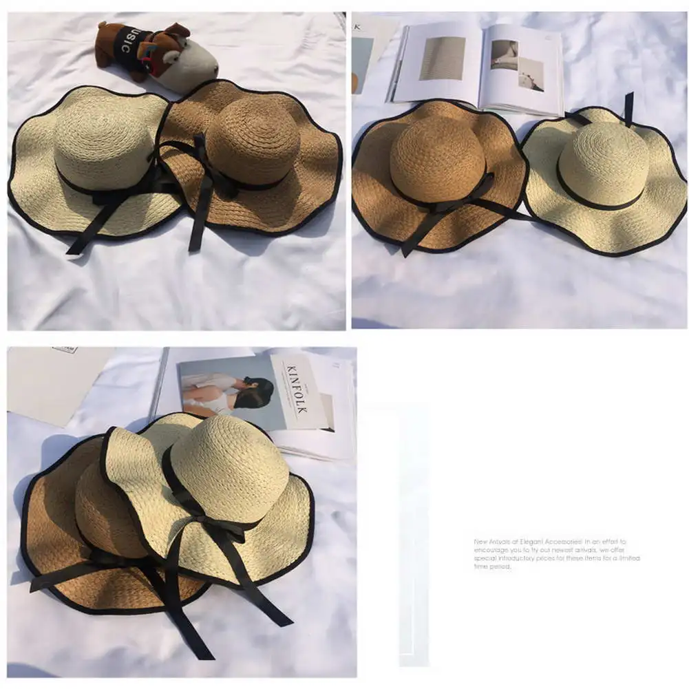 Sombrero coreano para Mujer, Sombrero de paja con lazo, protección UV, ala redonda clásica, sombreros de sol salvaje, gorra de playa para Mujer, novedad de verano