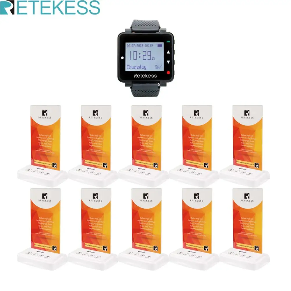 

RETEKESS Restaurant Pager System Wireless Calling System Table Card Watch Receiver+10Pcs Transmitter Buttons Call Waiter