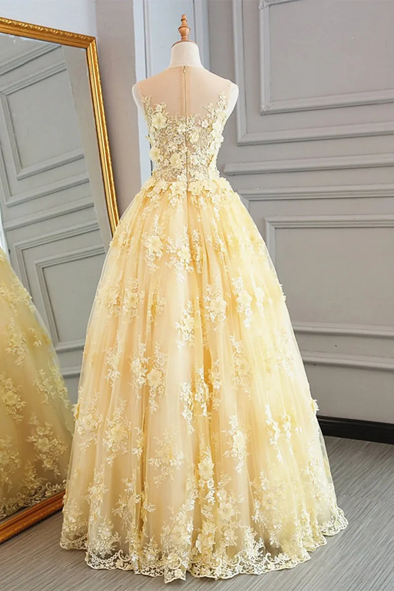 Vestido de noche de corte en A, elegante, sin mangas, con apliques de encaje, color amarillo claro, con cuello redondo, para graduación, novedad de 2020