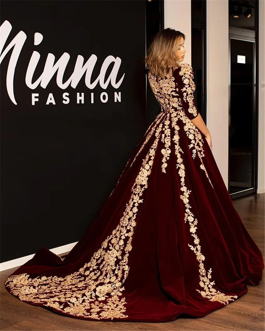 Burgund Samt Muslimischen 3/4 Langarm Arabisch Abendkleid Dubai Kaftan Gold Spitze Applique Ballkleid Türkei Prom Formale Kleider