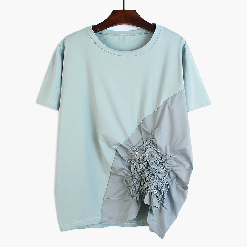 Women Gray Pleated Split Asymmetrical Temperament T-shirt New Round Neck Short Sleeve Fashion Spring Summer 2020 V431