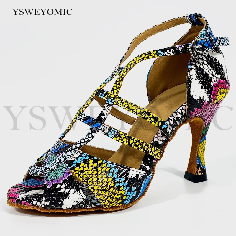 Sexy Women Latin Ballroom Dance Shoes African Style Shiny Colorful Snake Pattern Soft Leather Zapatos de baile latino in 9cm