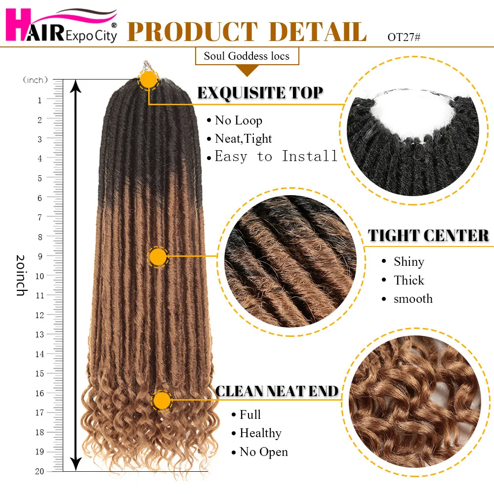 Soft Faux Locs Crochet extensões de cabelo, Encaracolado Termina, Sintético Alma Deusa Locs, Ombre Dreadlocks, Expo City