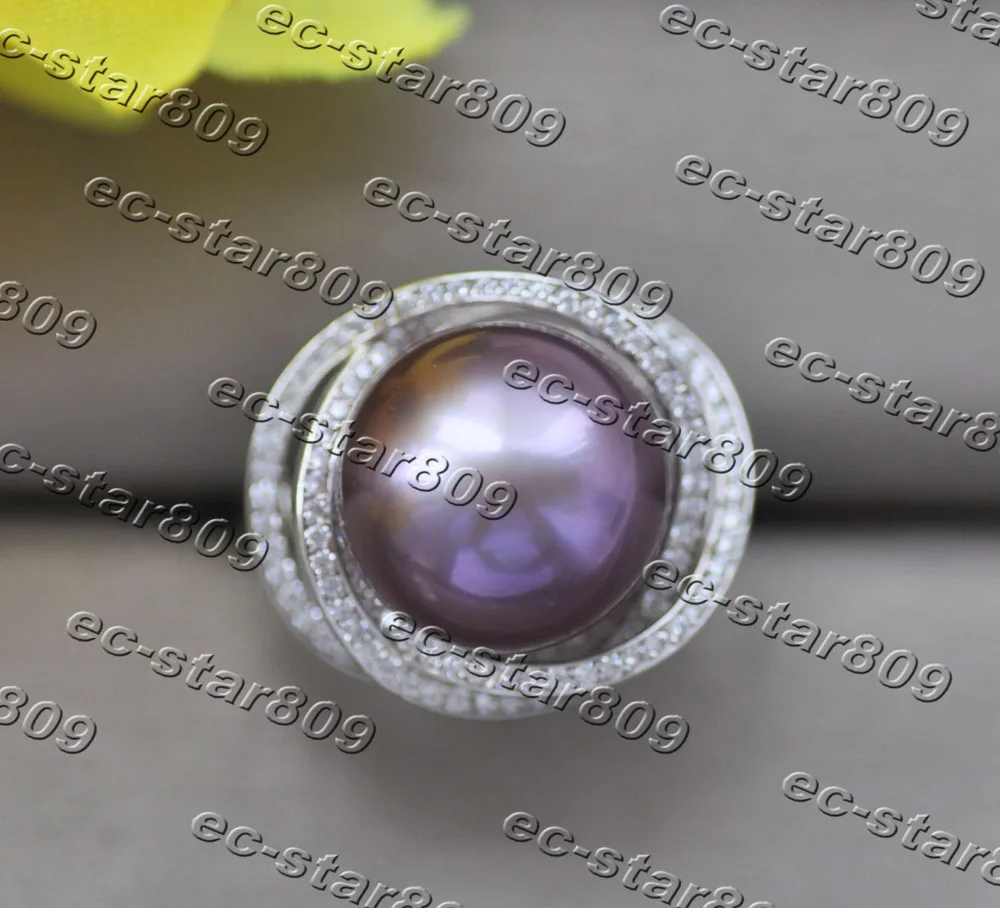 

Z11177 Natural Luster 14mm Round Lavender Edison KESHI Pearl Ring 925silver CZ Fine Women Jewelry