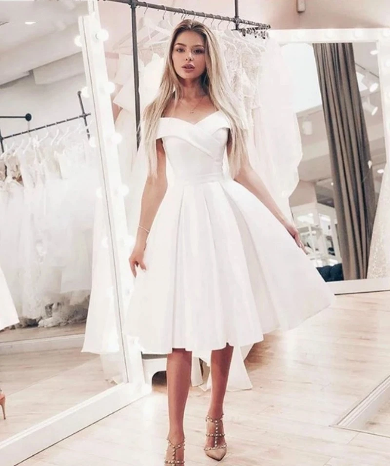 Ladybeauty White Satin Off The Shoulder abiti da sposa corti abiti da sposa al ginocchio abiti da sposa Robe De Mariee