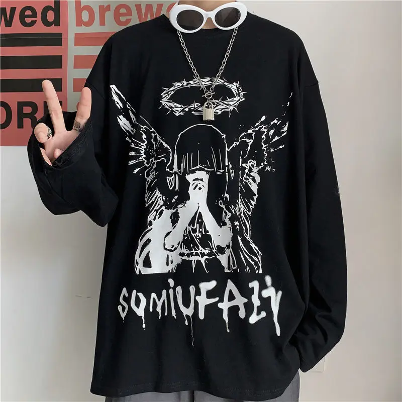 Autumn Long Sleeve T-shirt Men Gothic Print High Street O-neck Tees Oversized Dark Academia T Shirt Male Ins Fashion Unisex Top