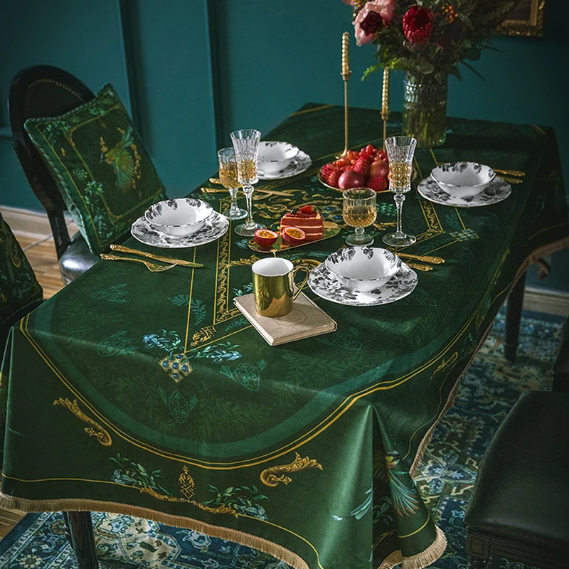 Green Gold Tablecloth Euro Luxury Dining Table Decorative Cloth Cabinet Teatable Plush Cover Cloth Rectangular Customization
