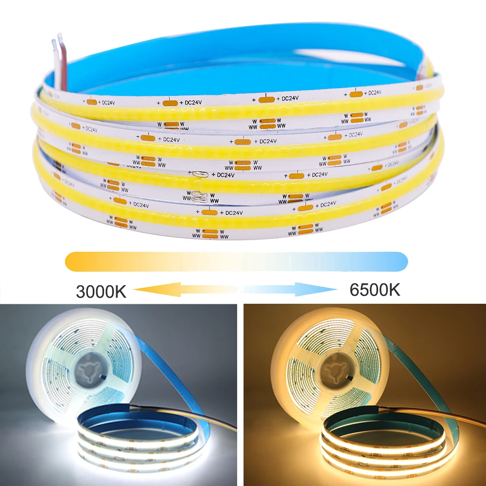 DC 24V Dimmable COB CCT LED Strip Lights 5M 608Leds High Density Linear Light Ribbon Flexible LED Tape Cabinet Light 3000-6500K