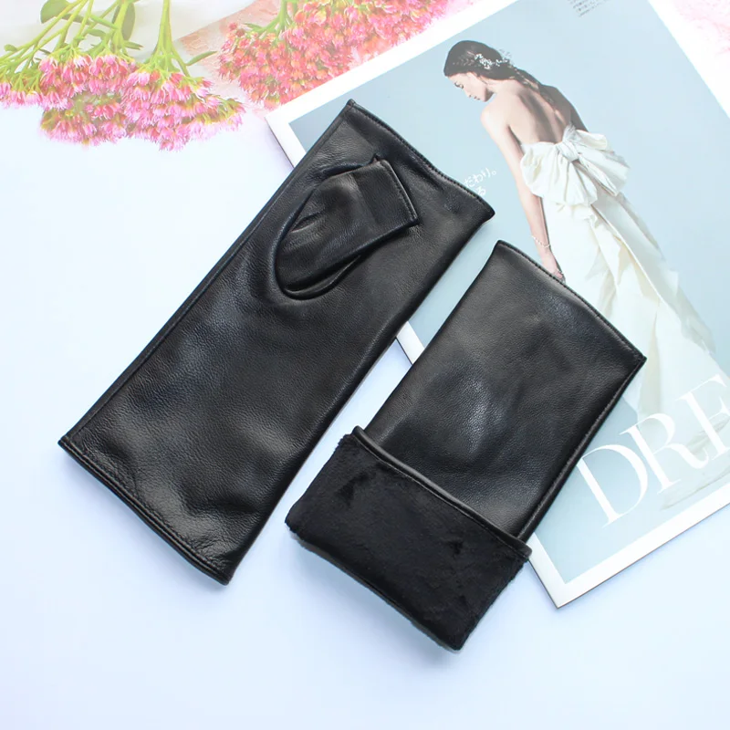 New Women Fashion Long Genuine Leather Black Sheepskin Driving Outdoor  Fingerless Gloves Spring and Autumn