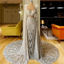 Lowime Dubai Long Cape Sleeves Evening Dresses Middle East Pearls Lace Party Gown Plus Size Illusion Prom Dresses Celebrity Wear