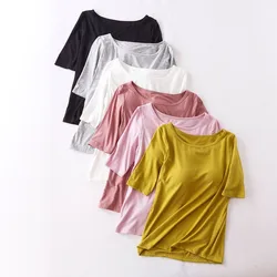 Ropa de dormir de una pieza para mujer, Tops informales de algodón Modal para dormir, pijamas de verano de media manga, sujetador, chaleco con almohadilla, camisa de fondo