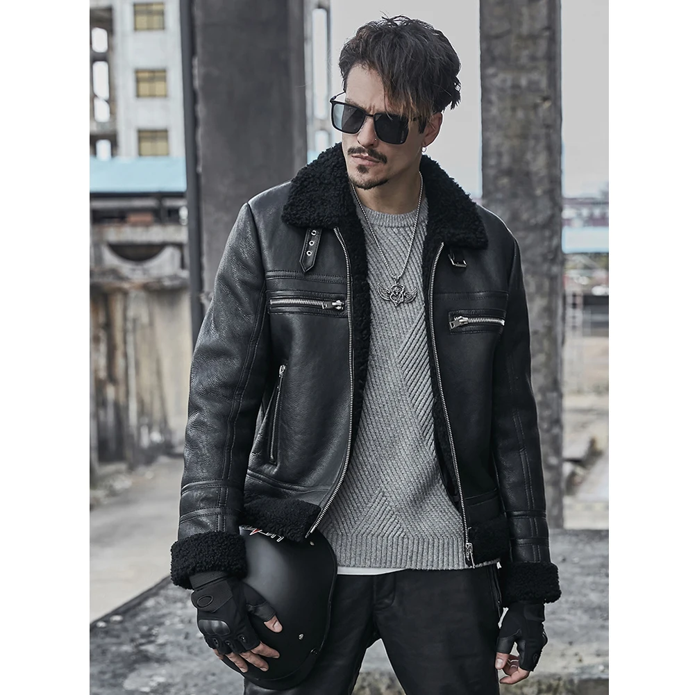 

2019 Autumn And Winter New Mens B3 Shearling Jacket Short Mens Leather Jacket Sheepskin Coat Mens Motorcycle Jacket Winter Coat