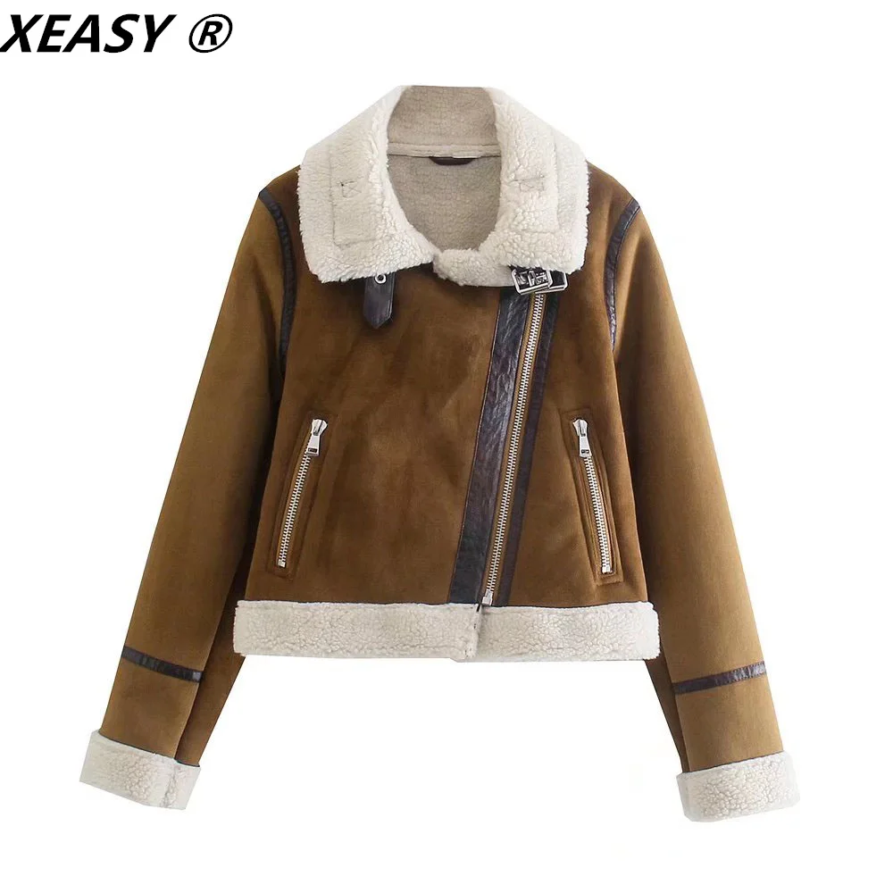 XEASY-Chaqueta de invierno para mujer, ropa Vintage, cuello vuelto, cremalleras informales, chaquetas de doble cara, abrigo cálido para mujer, 2021