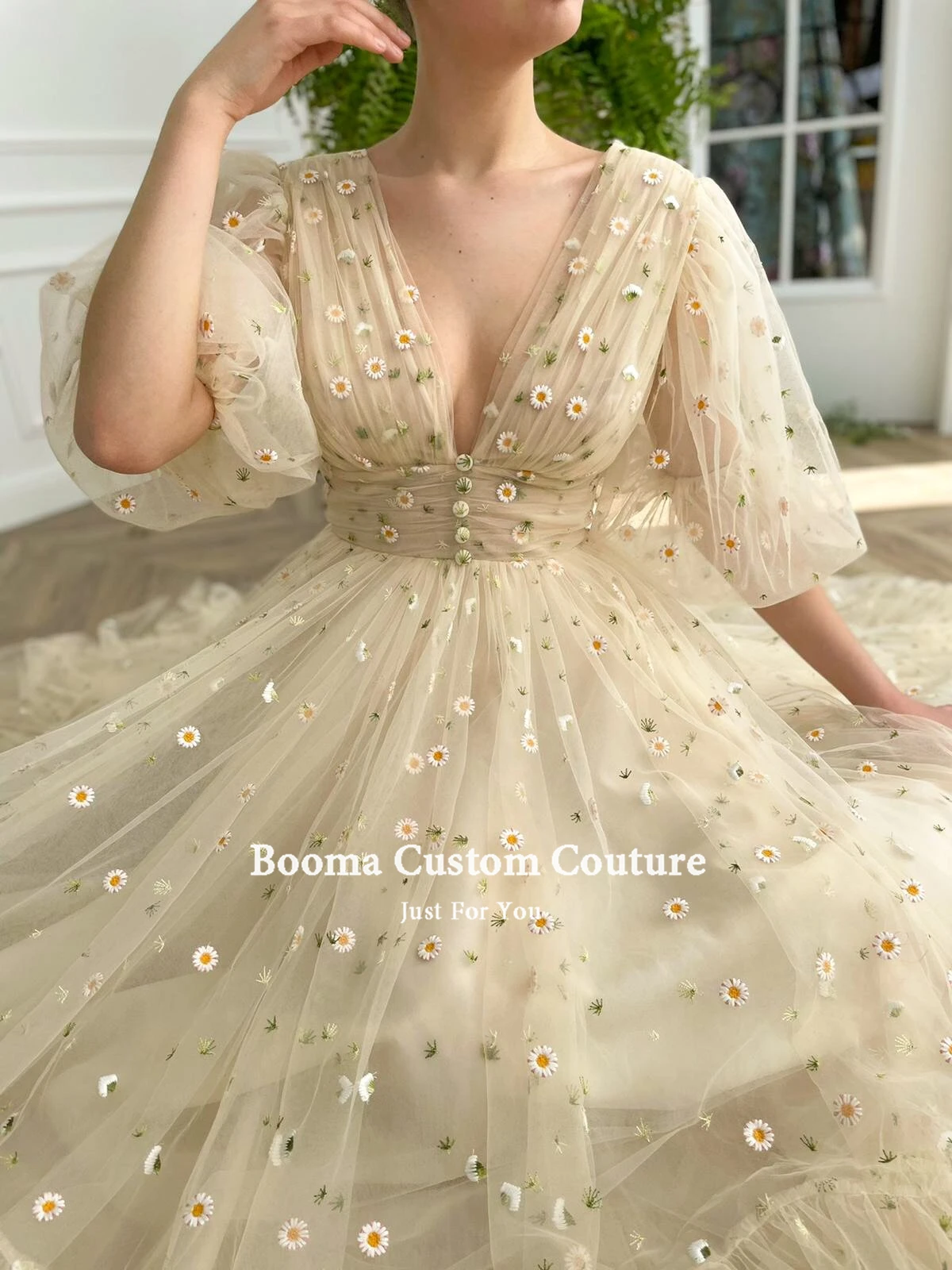 Booma Deep V-Neck Beige Tulle Midi Prom Dresses Half Puff Sleeves Embroidered Lace Prom Gowns Tea-Length Wedding Party Dresses