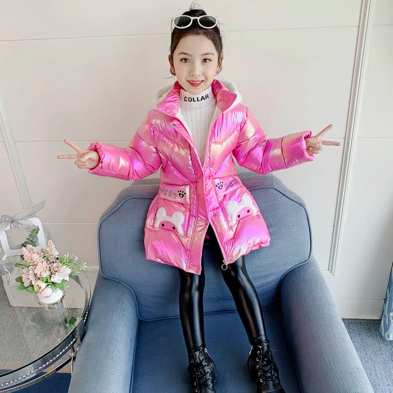 Chaqueta de plumón larga con capucha para niñas, abrigos bonitos de oso, Parkas brillantes, prendas de vestir exteriores impermeables, moda de invierno, 3, 4, 6, 8 y 10 años