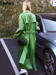 Lautaro-Extra Long Green Leather Trench Coat for Women, Long Sleeve Sashes, Single Breasted, Maxi Overcoat, Autumn Streetwear