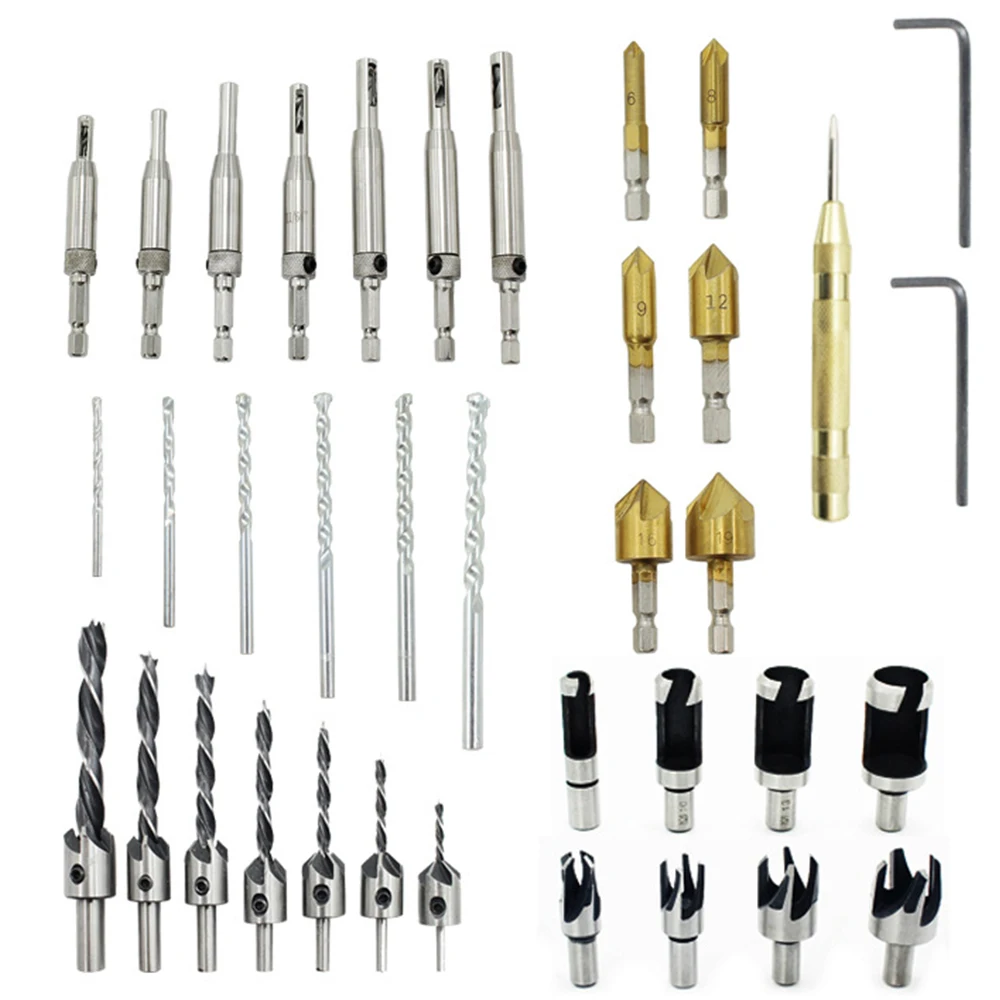 37PCS Countersunk Drill Bits Hinge Drills Cork Drills Chamfers Twist Drills Wrenches Positioning Punch Impact Drill Bits Set