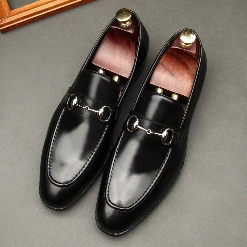 Large Size EUR45 Black Mens Loafers Casual Business Shoes Genuine Leather Wedding Dress Shoes With Buckle