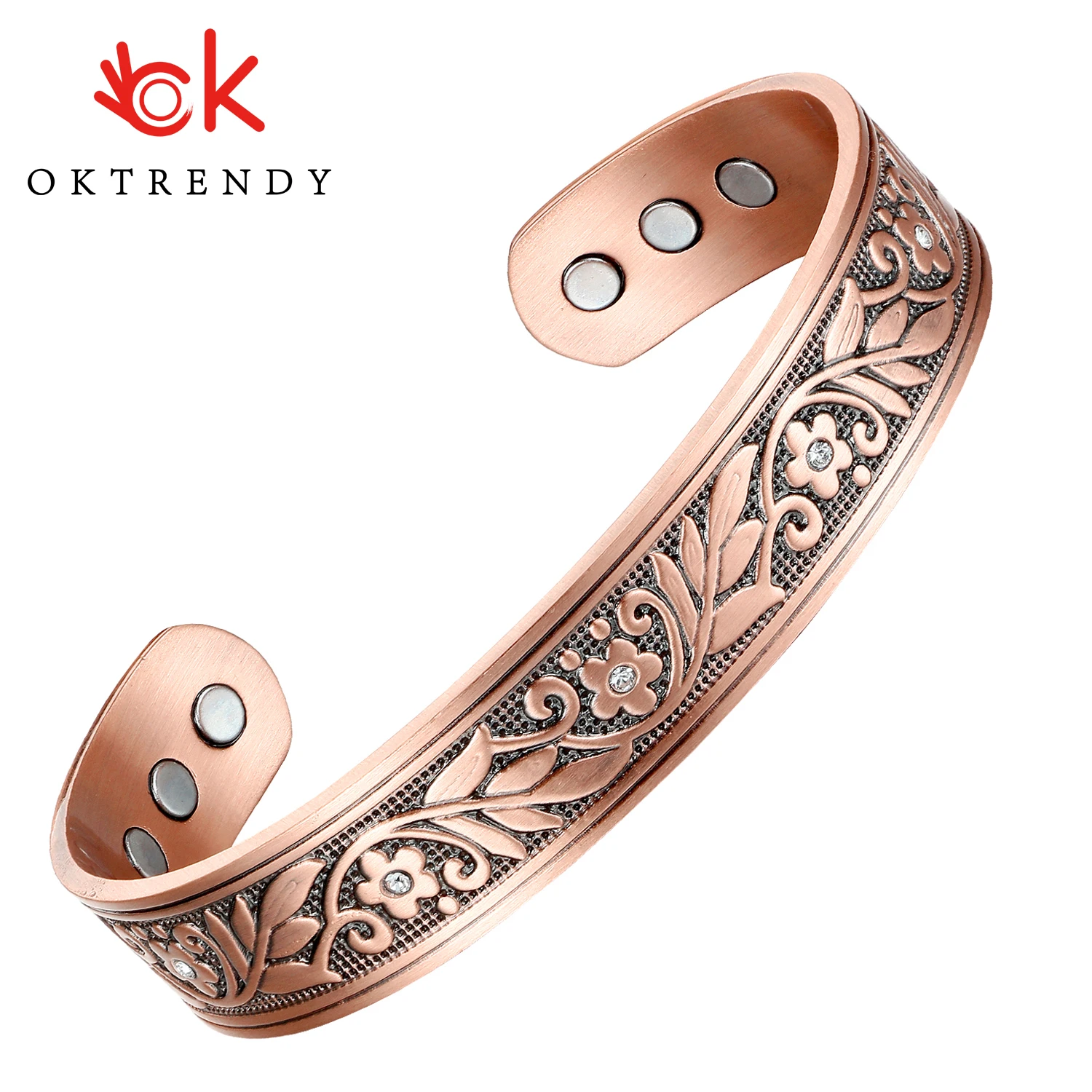 

OKtrendy Brand Crystals Copper Bangles Flower Carving Bracelets Couple Luxury Jewelry Magnetic Cuff Bangles For Women Gift