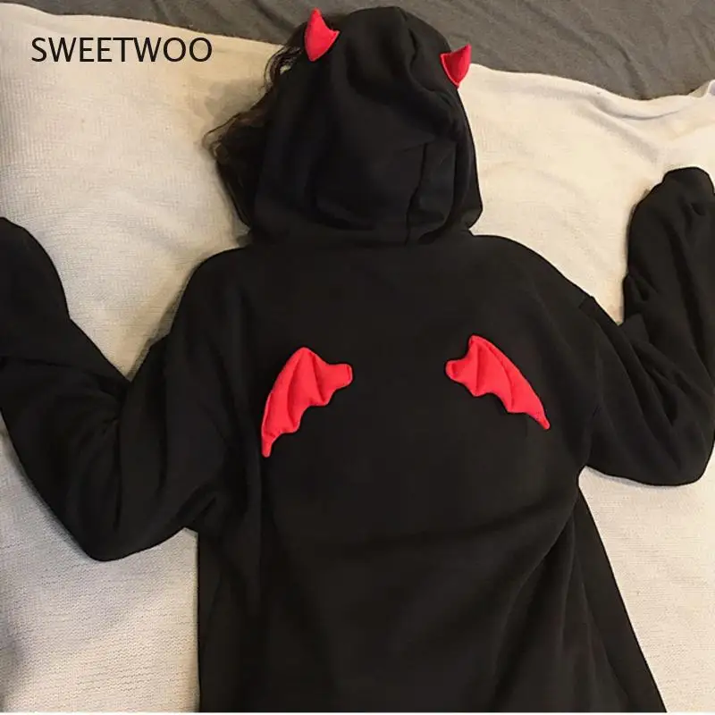 Cute Kawaii Girl Little Devil Horns Gothic Hooded Sweatshirts Women Demon Fly Wings Loose Pullovers Pocket Tops Streetwear