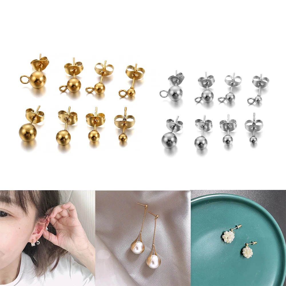 20pcs Gold Stainless Steel 3 4 5 6mm Bead Ball Stud Earrings Loop Post With Plug Earring Connectors Supplies For Jewelry Making