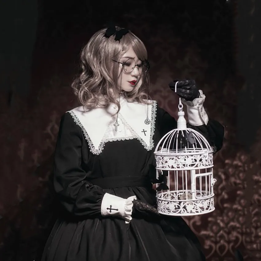 Gothic OP Vestito per Le Donne Lolita Nero Croce Emboridery Navy Collare Giapponese Kawaii Ragazze Festa di Carnevale della Corte di Stile Della