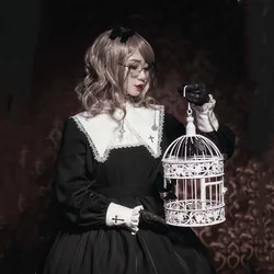 Gothic OP Vestito per Le Donne Lolita Nero Croce Emboridery Navy Collare Giapponese Kawaii Ragazze Festa di Carnevale della Corte di Stile Della Principessa