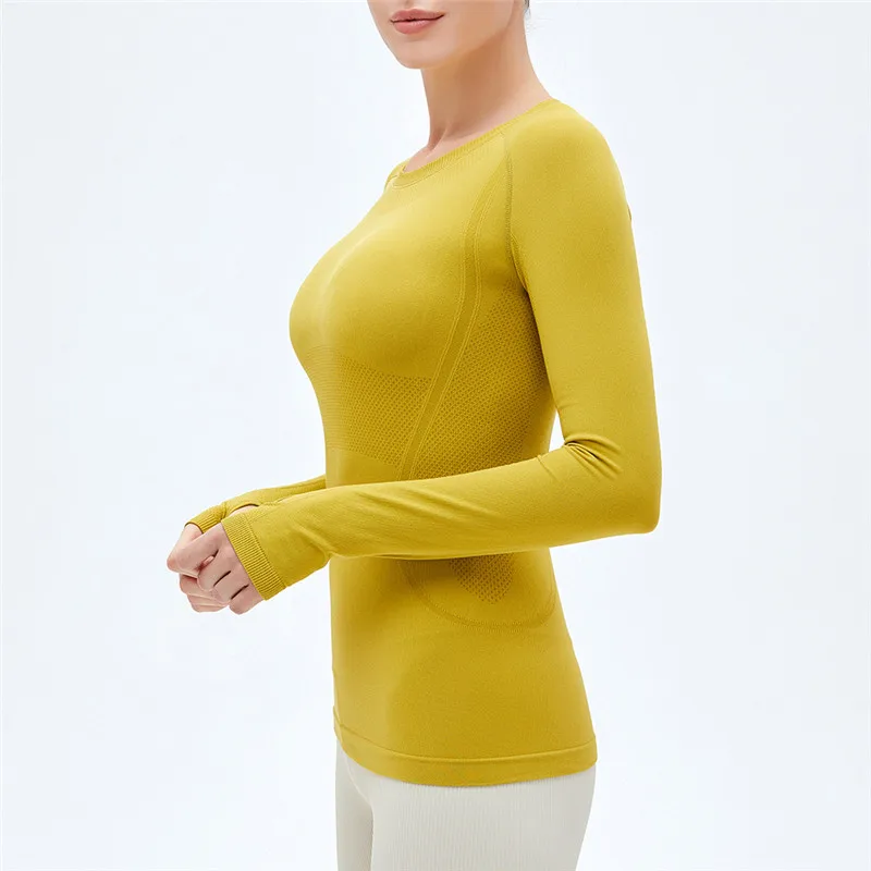 Solid Color Women Long Sleeve Yoga Shirt  Fitness Female Top Round Neck Sports T-shirt Round Neck Thumb Hole Slim Gym Clothing