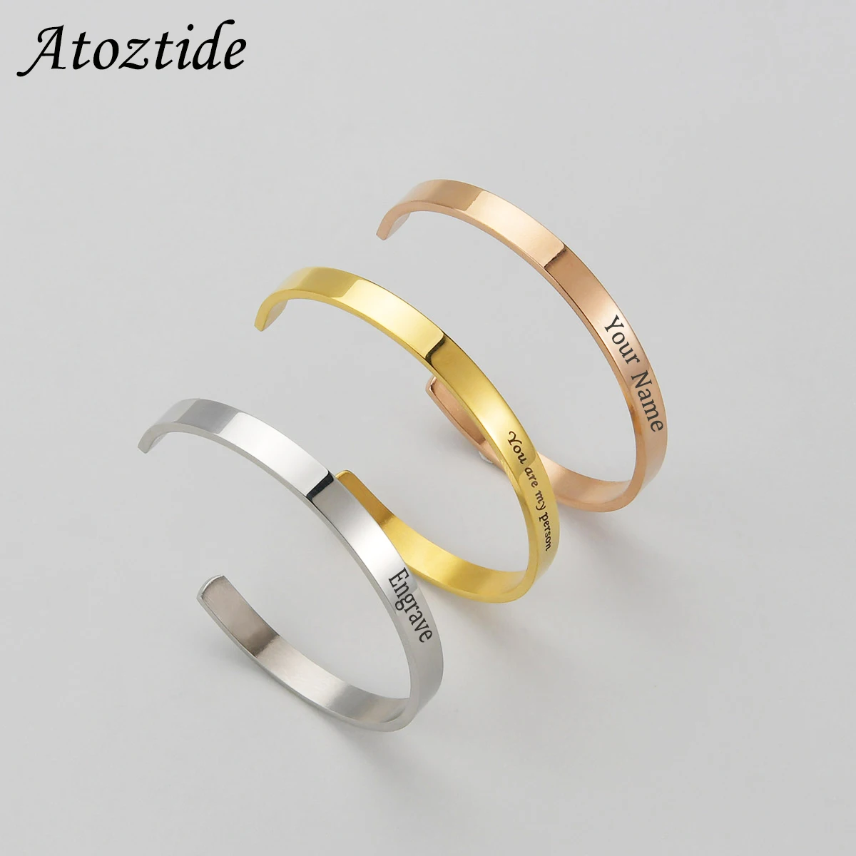 Atoztide Engrave 6mm Polished Open Bracelet Personalized Custom Name Bangle For Women Stainless Steel Jewelry Birthday Gift