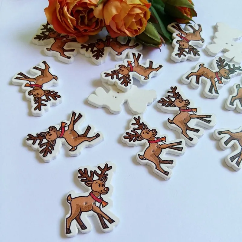 40 sztuk Christmas deer przyciski 2 otwory drukowanie drewniane guziki dekoracyjne boże narodzenie Scrapbooking akcesoria do szycia