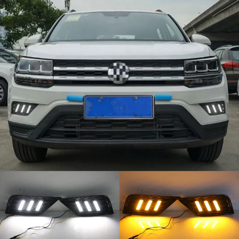 1Pair For Volkswagen VW Tharu 2019 With Yellow Turn Signal Fog Lamp Cover night blue LED DRL Daytime Running Light Daylights