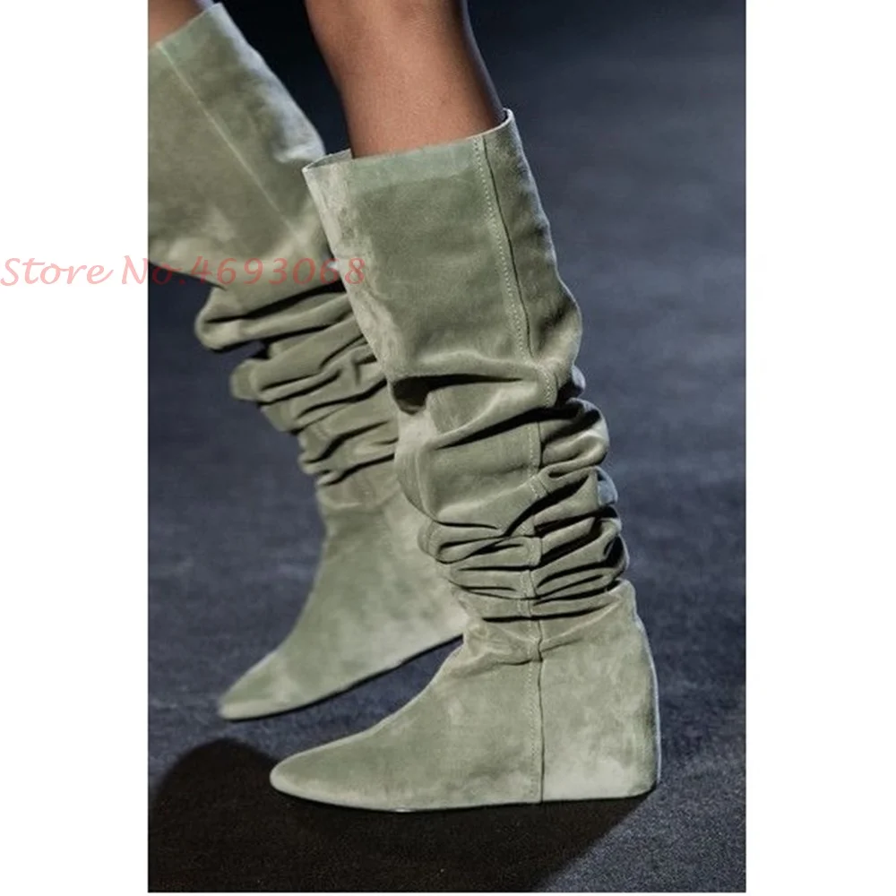 Pleated Wedge Knee High Boots Women Catwalks Sexy Slip On High Chunky Heel Suede Boot Pointed Toe Fashion Ladies Casual Shoes