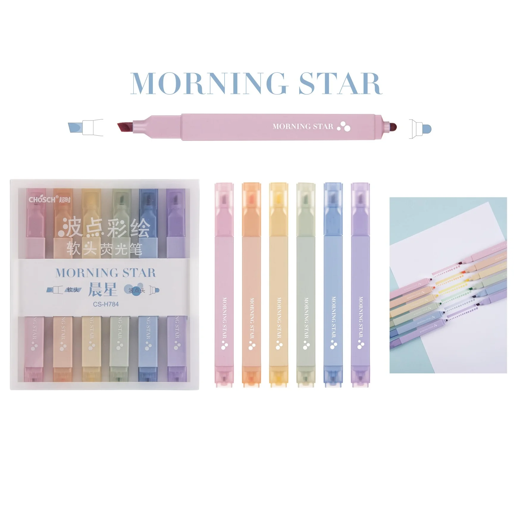 6pcs Sugar Poetry Color Marker Highlighter Pens Set Dual Side Soft Brush Dots Spot Liner Drawing Painting Office School A6290