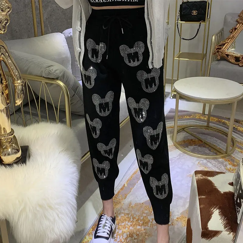 Autumn Printing Pants Heavy Work Hot Drilling High Waist Casual Pants Women Loose Pant Elastic Waist Black Trousers Women