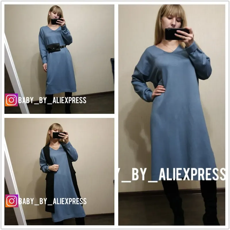 REALEFT 2021 New Autumn Winter Women Casual Knitted Long Dresses Long Sleeve V-Neck Knitted Sexy Sweater Dresses for Ladies