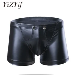 Sexy Men's Low Waisted Faux Leather Boxer Shorts Press Button with Bulge Pouch Men Lingerie Shorts Slim Cut Underpants Underwear