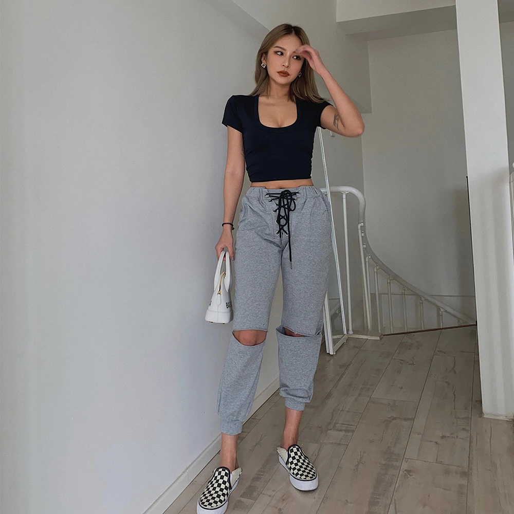 Bandage Hollow Out Lace up Sweatpants and Jogger Street Women Casual Harem Trousers Track Pants Pantalon Femme Ripped Sweat pant