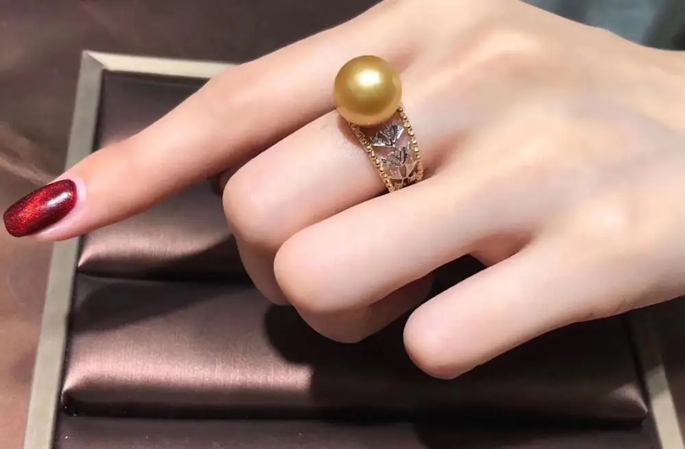 Fine Jewelry 18K Gold D204 Natural South Ocean Sea Golden Peals 10-11mm Rings for Women Fine Pearls Rings