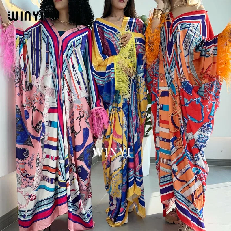 WINYI sukienka Dresses For Women Dashiki Snake Clothes Bazin Broder Riche Sexy Feather Sleeve Robe Evening Long Dress