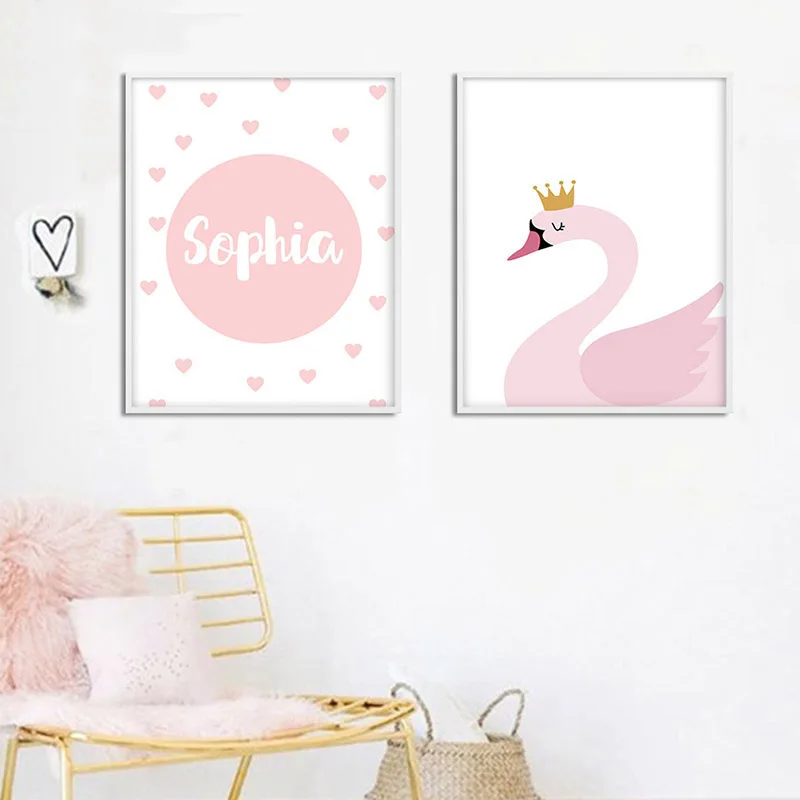 Pink Tender Swan Cartoon Poster Print Canvas Mural Nordic Minimalist Style Art Pattern Modular Living Room Baby Girl Bedroom