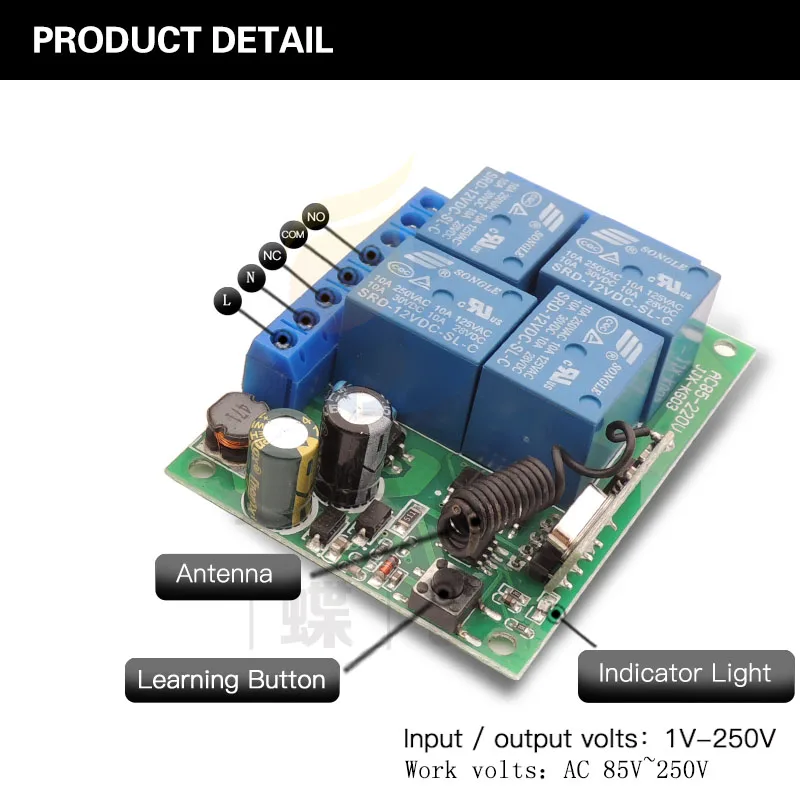 Mando a distancia para garaje, 433Mhz, 220V, 4 canales, 10A, receptor y transmisor de relé