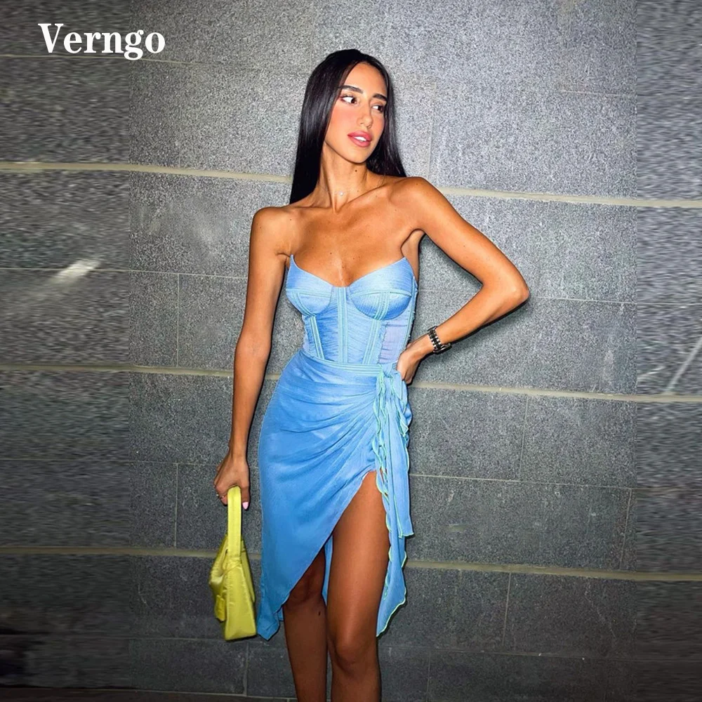 

Verngo Sexy Sweetheart Knee Length Prom Dresses Sky Blue Split Draped Bones Short Cocktail Gowns Asymmetric Formal Party Dress