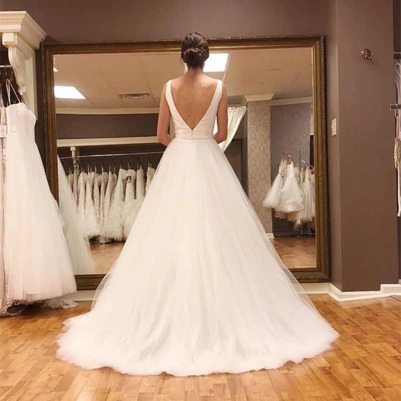 Vestidos de novia de línea a con cuello en V, Vestido de novia Simple blanco marfil, de tul, con fajas, 2020