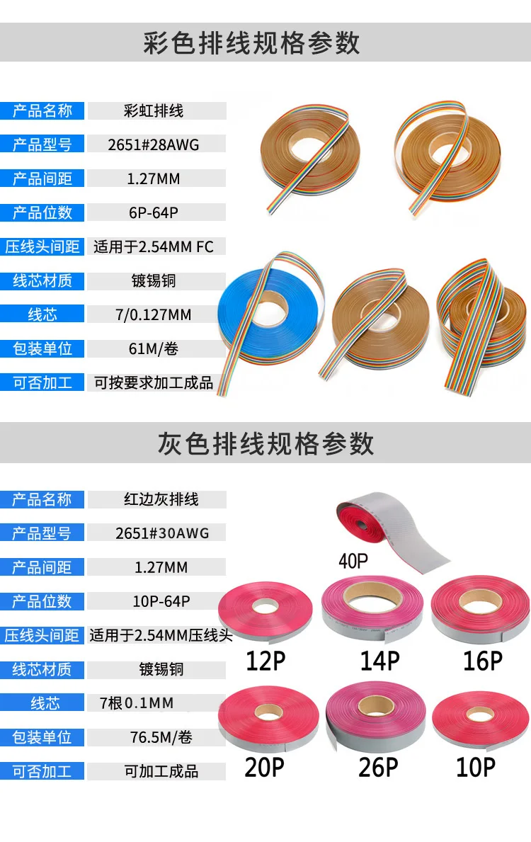 Pure Copper Color Cable 10/16/20/26/40/60 PIN Dupont Line Core Color Line Display Flat Wire Copper Pin 24AWG 28AWG