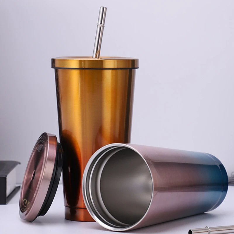 500ml nerez ocel hrneček s kryt vacuum dvojitá vrstva akrobat s sláma izolace láhev znovu použitelný káva džus pohár nádobí na pití